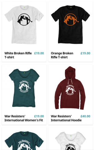 Picture of a selection of War Resisters' International t-shirts on sale at Teemill