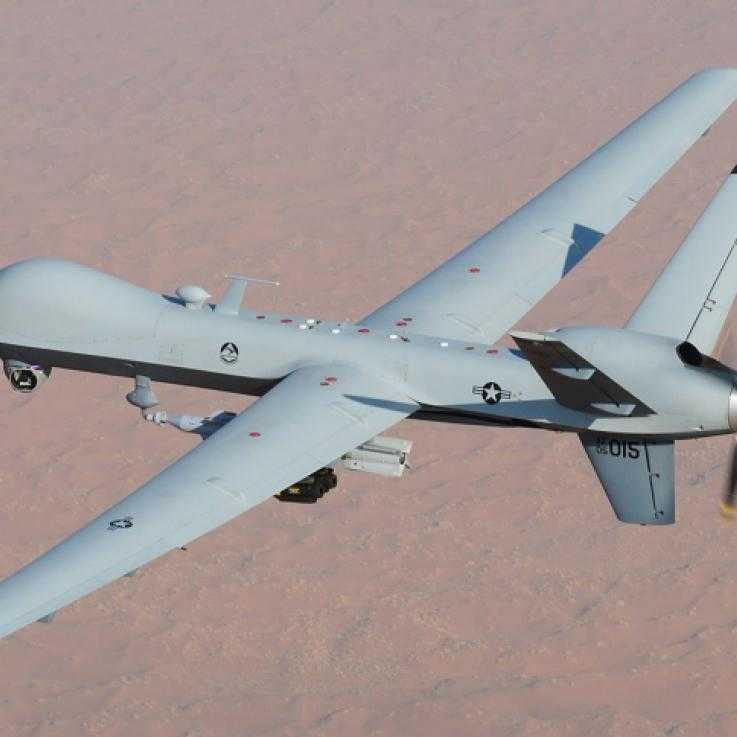 A reaper drone in flight.