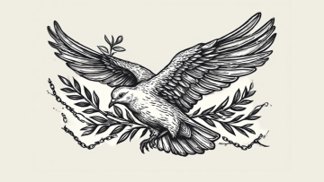 An illustration of a dove holding an olive branch