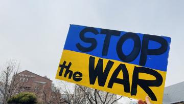 Stop the War placard at an antiwar protest against the war in Ukraine