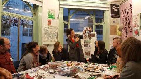 Activists from Europe at training on countering youth militarisation do a creative exercise