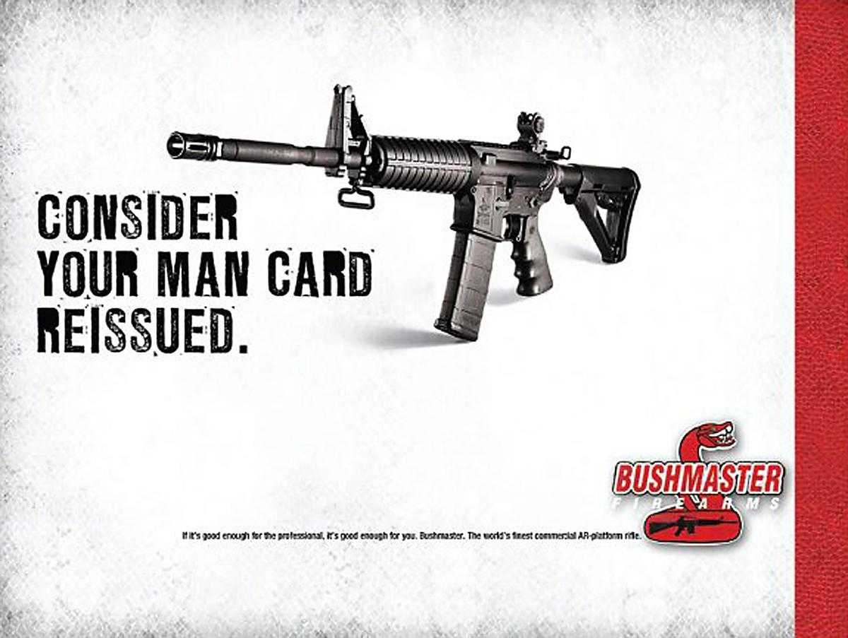 Publicidad utilizada por Remington, un fabricante de rifles. El anuncio muestra un rifle, y la leyenda "considera la tarjeta de hombre reeditada"