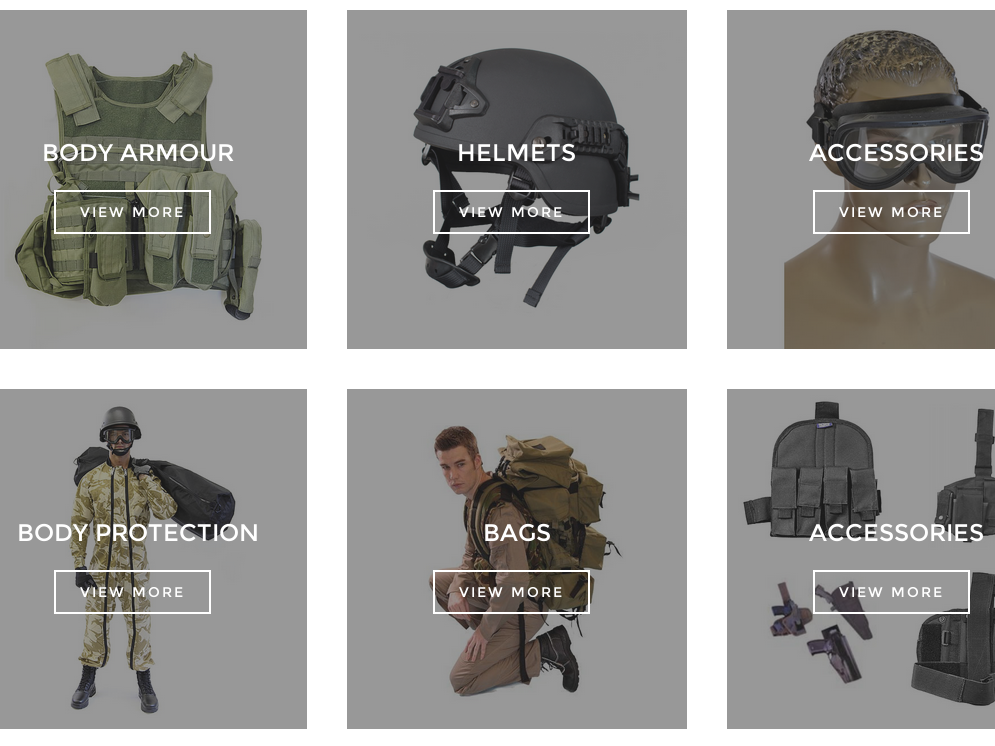 A screenshot from the Imperial Armour website showing body armour, helmets, goggles, holsters and other equipment