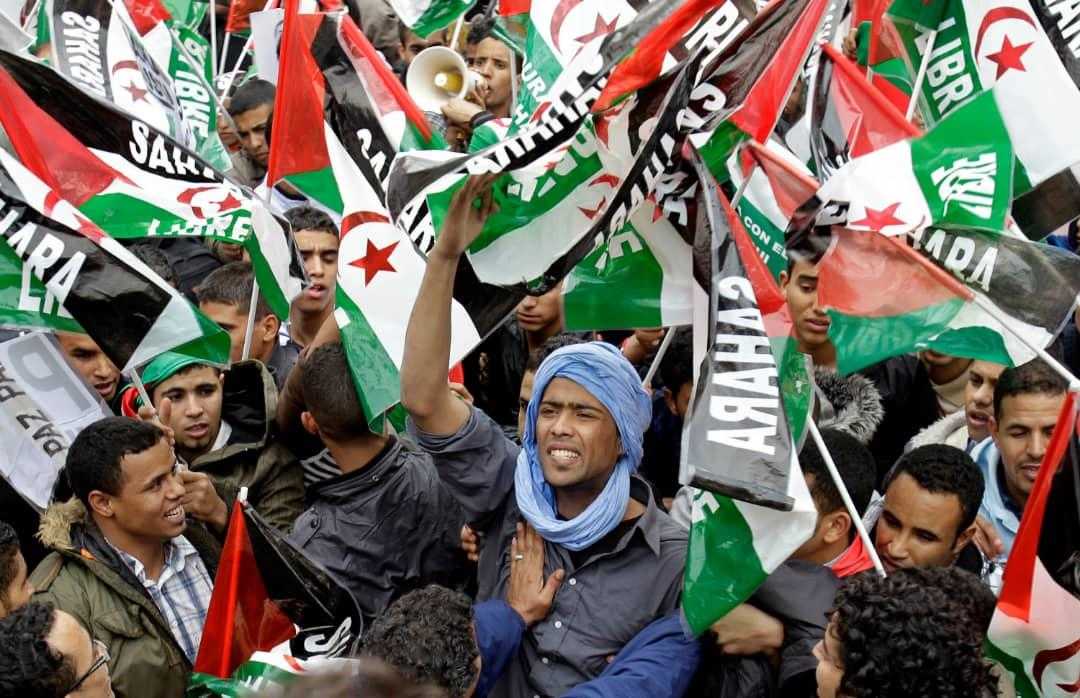 A crowd of activists with red, green, white and black flags