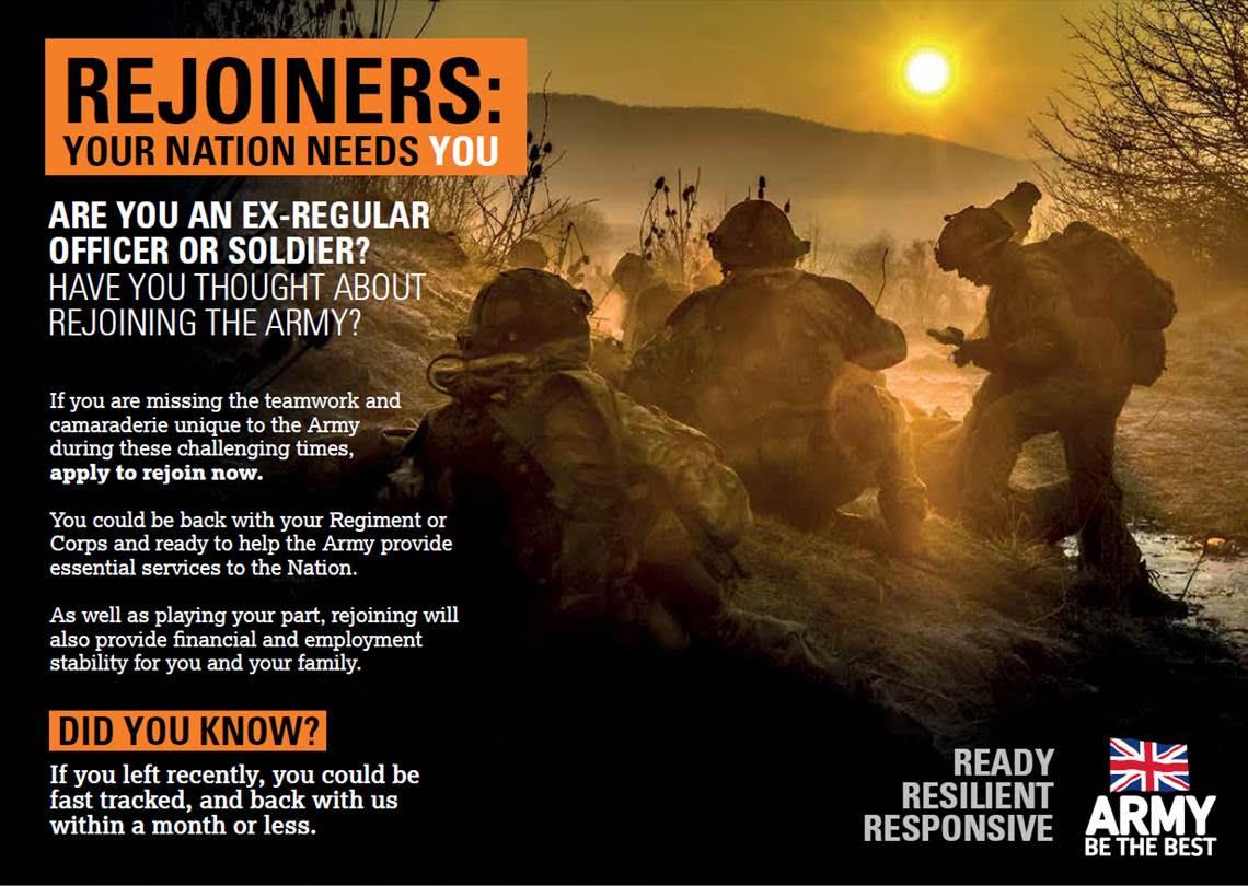 A "rejoiner" advert from the British military. Soldiers are silhoutted against the sun.