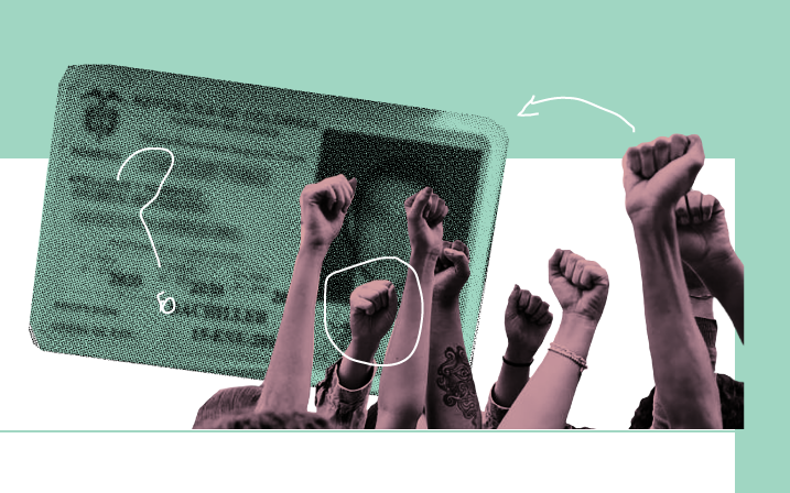 Some hands up in the air and a military card in the background