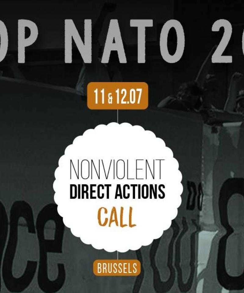 Plakat, das liest: Stoppt NATO 2018 11 & 12 .07 Nonviolent Direct Actions Call