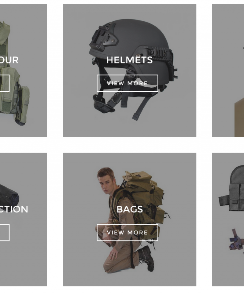 A screenshot from the Imperial Armour website showing body armour, helmets, goggles, holsters and other equipment