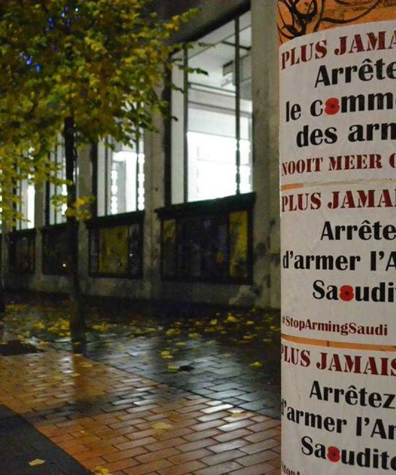 A photo of the "stop arming Saudi" posters put up around Brussels