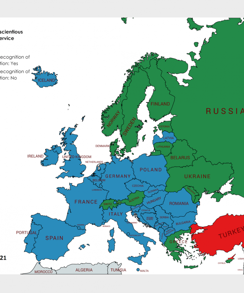 Mapa europeo de la objeción de conciencia que incluye información sobre los lugares donde se reconoce la objeción de conciencia
