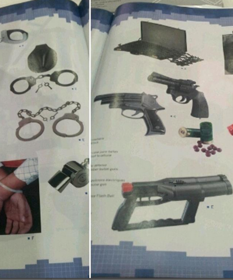 The marketing material uncovered at DSEI, displaying leg irons and electric stun guns