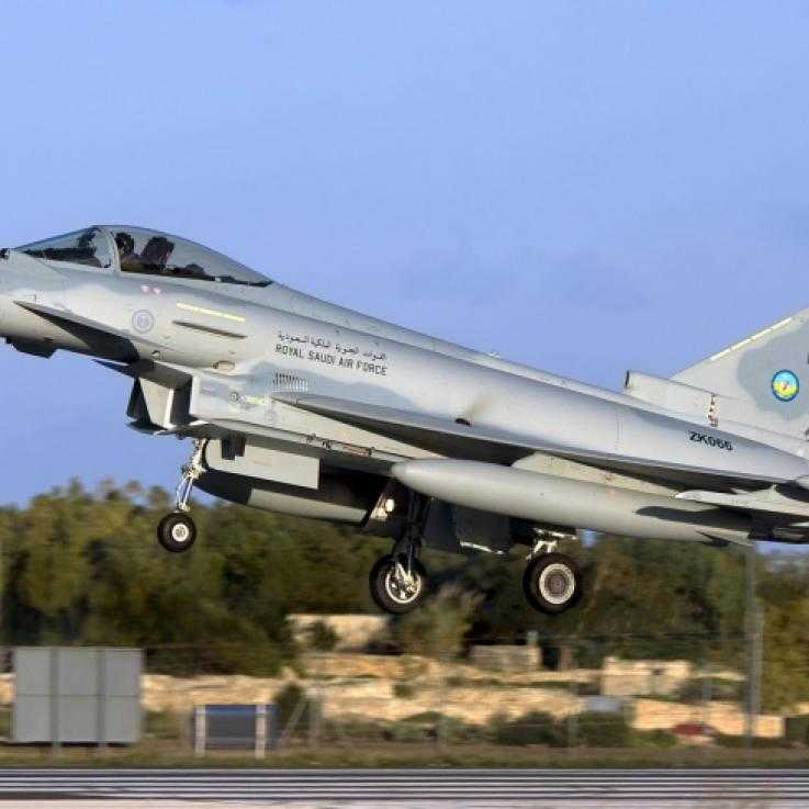 A Eurofighter Typhoon fighter jet takes off.