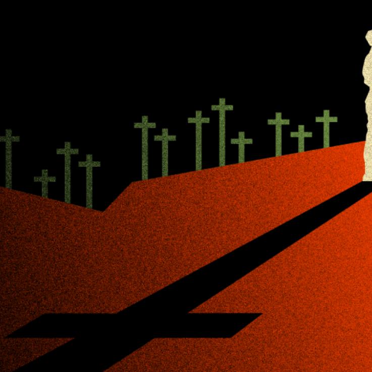 Una ilustración de un soldado parado en medio de un cementerio.