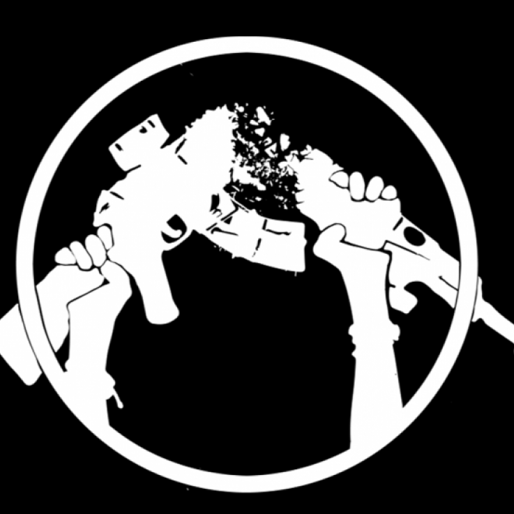 white broken rifle logo on black background