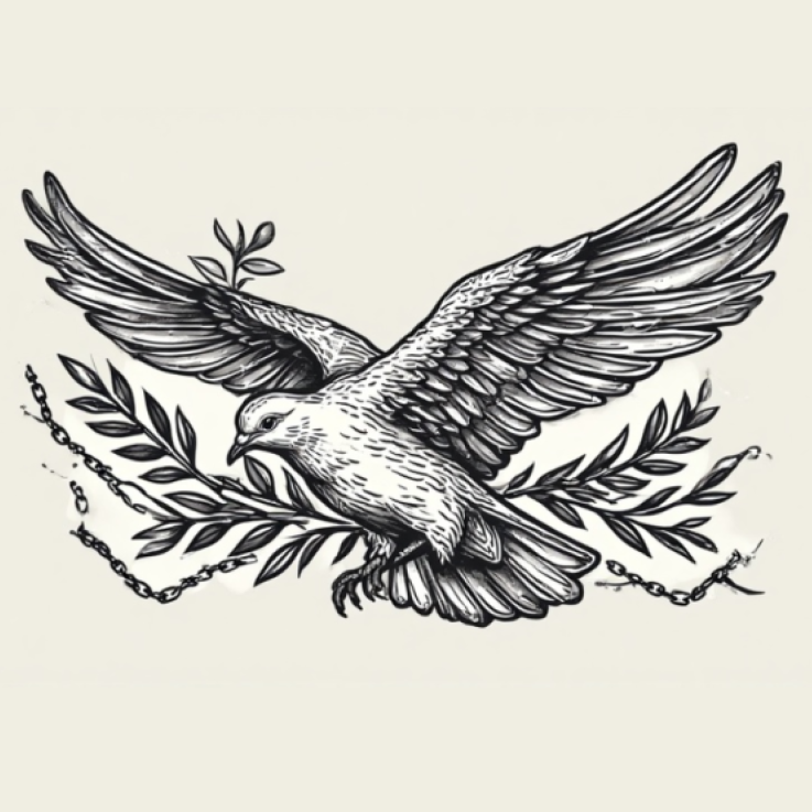 An illustration of a dove holding an olive branch